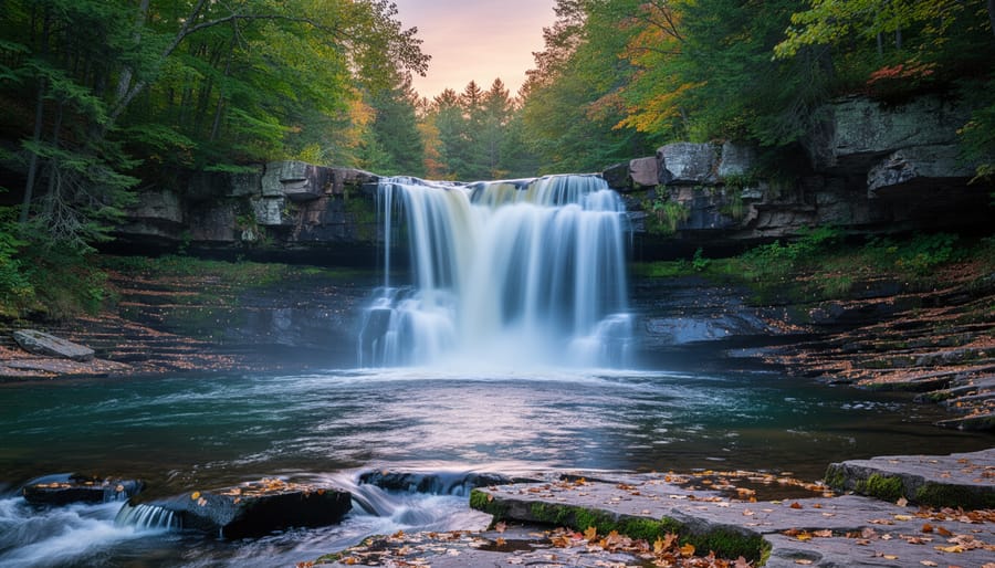 Silky smooth waterfall captured with long exposure technique in forested Ontario park setting