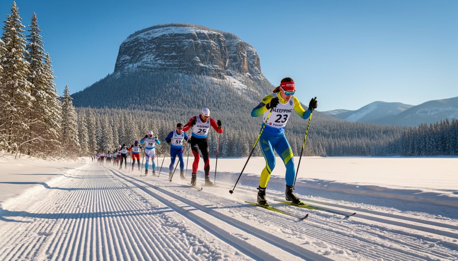 Cross-country skier in motion on snow-covered forest trail surrounded by winter trees