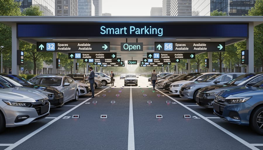 Modern parking lot entrance with electronic gate and digital display showing available parking spaces