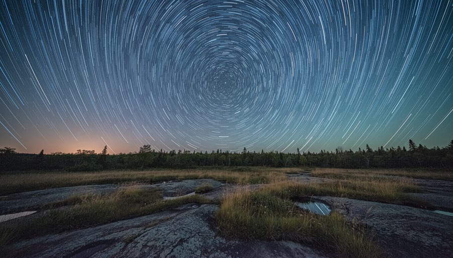 Star trails captured with long exposure above forest treeline in Ontario dark sky preserve