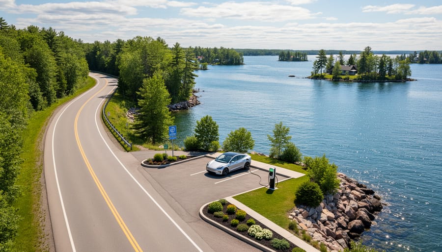 Electric vehicle at scenic overlook on Thousand Islands Parkway with St. Lawrence River and islands view
