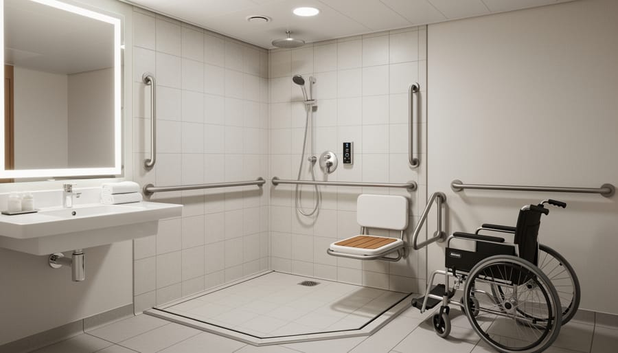 Interior view of accessible bathroom with roll-in shower, grab bars, and modern fixtures