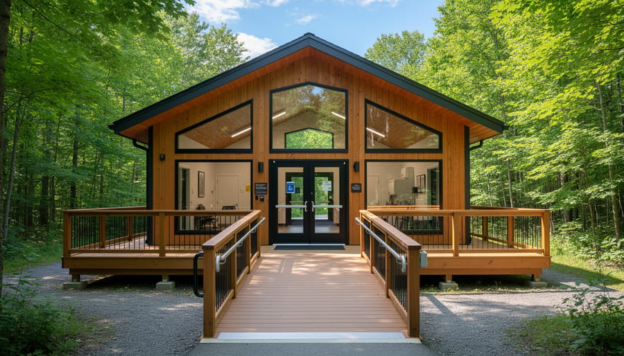Accessible cabin with wooden wheelchair ramp and wide entrance surrounded by pine trees