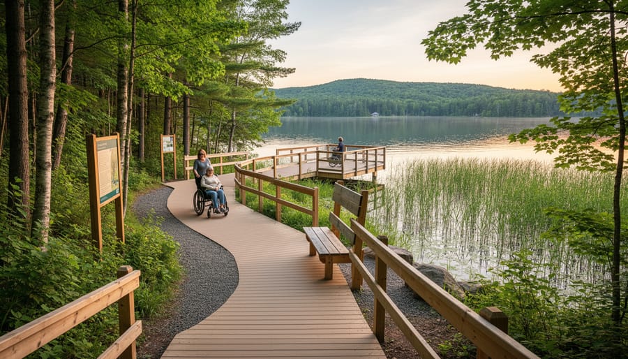 Person using wheelchair on paved accessible trail through colorful autumn forest