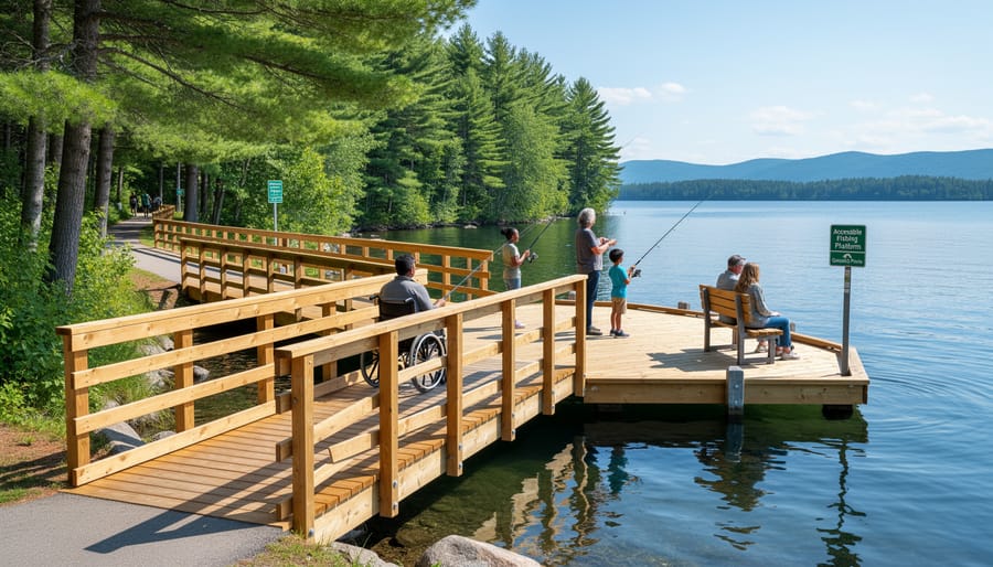 Accessible wooden dock and fishing platform extending into calm lake at sunset