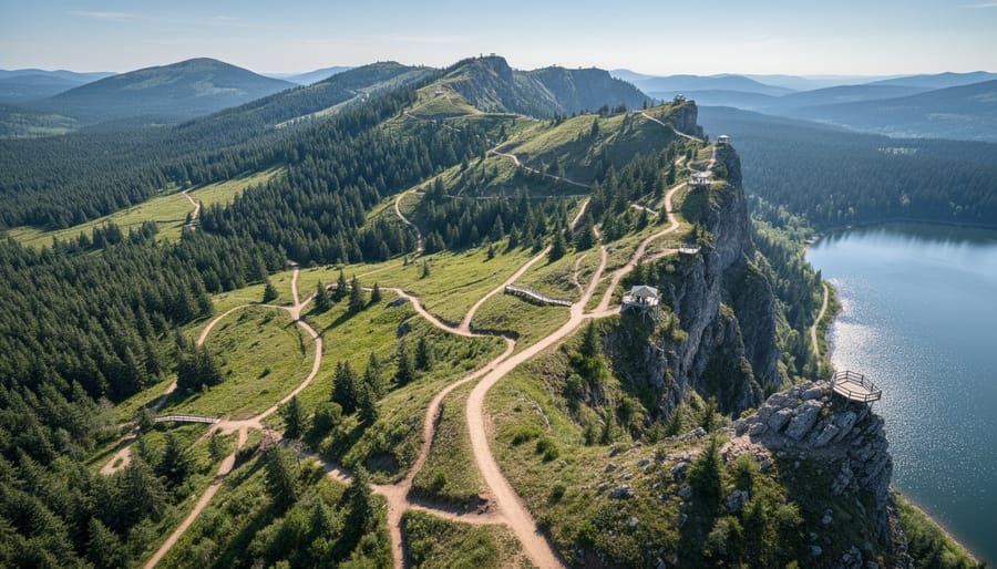 Aerial view of winding trail through colorful autumn forest in Ontario park