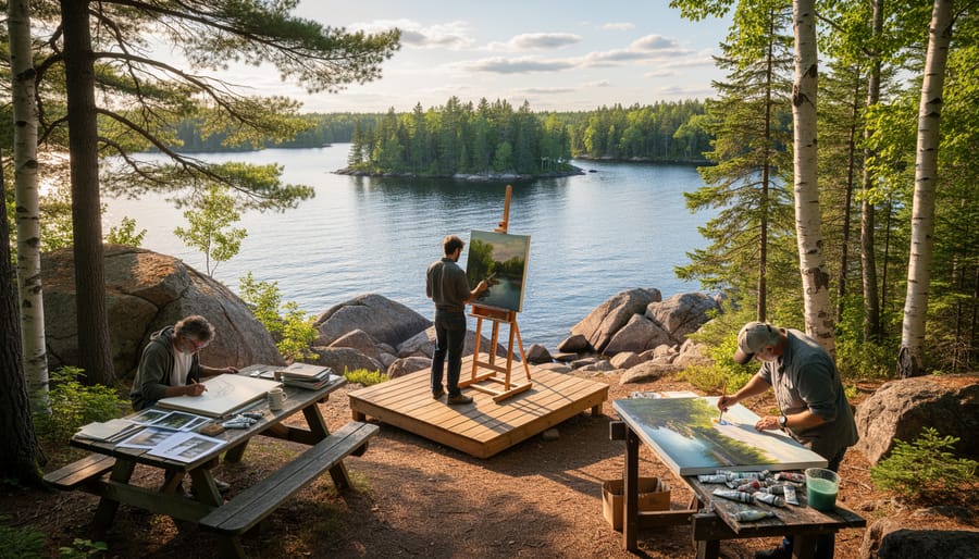 Artist painting on easel at lakeside with pine forest in background during golden hour