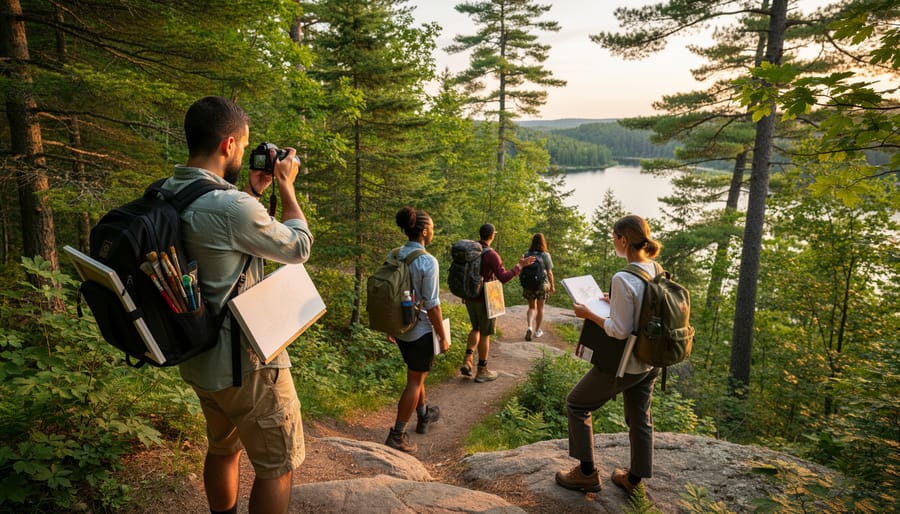 Artists hiking through forest trail carrying art supplies and backpacks