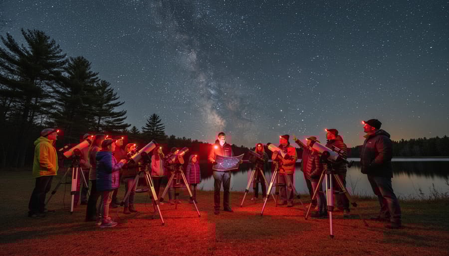 Group of people stargazing together with telescopes and red flashlights at Ontario park
