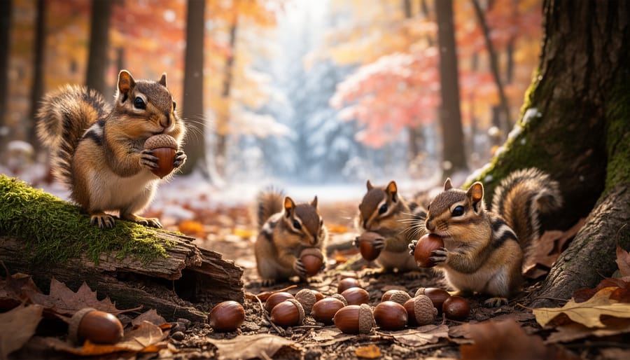Eastern chipmunk with full cheek pouches gathering acorns among autumn leaves