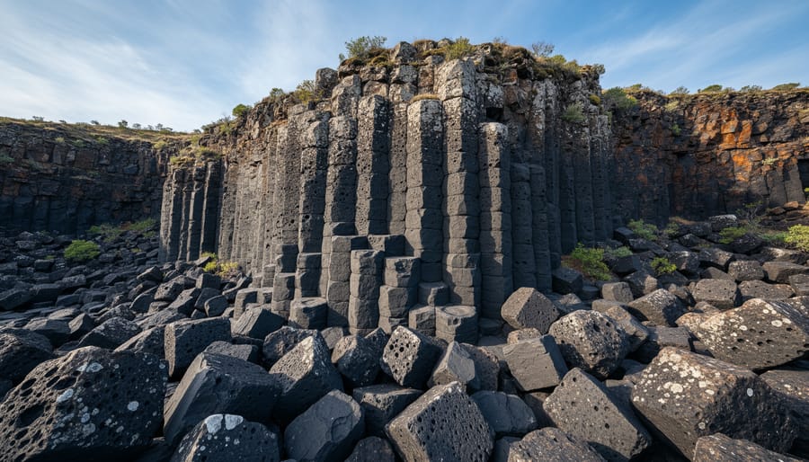 Columnar basalt rock formations along Lake Superior showing volcanic origins