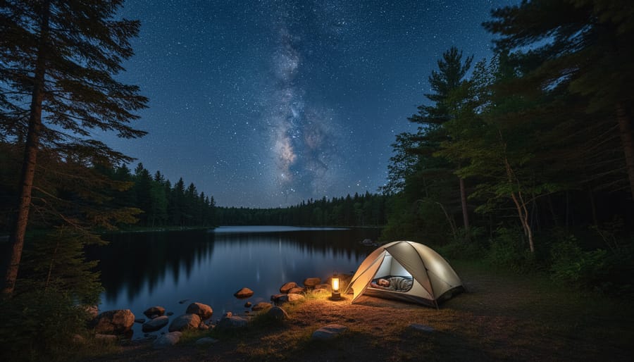 View of starry night sky from inside camping tent in wilderness setting