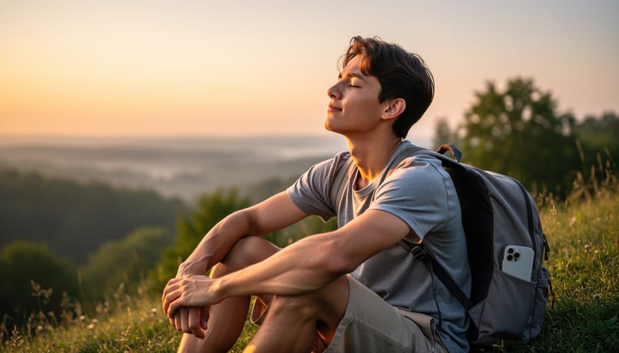 Person putting away smartphone in waterproof bag at campsite for digital detox