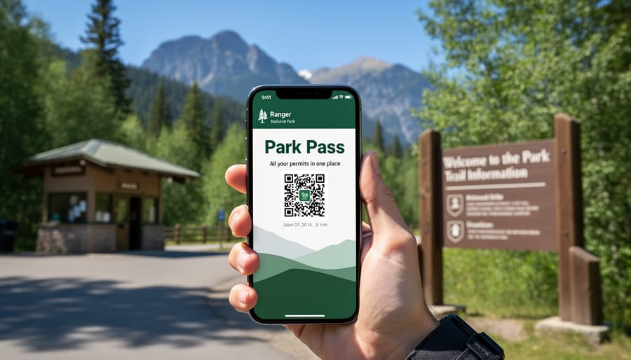 Overhead view of smartphone showing park reservation with camping gear on picnic table