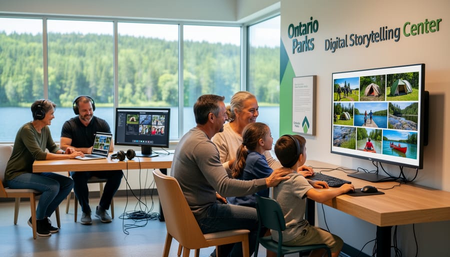 Family interacting with digital storytelling kiosk at Ontario Parks visitor center