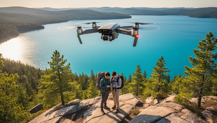 GPS-enabled quadcopter hovering over a rocky pine forest ridge beside a blue lake in an Ontario provincial park, with two hikers on the trail checking a smartphone in warm golden-hour light.