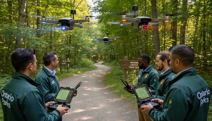 GPS-equipped drone hovering above Ontario forest canopy