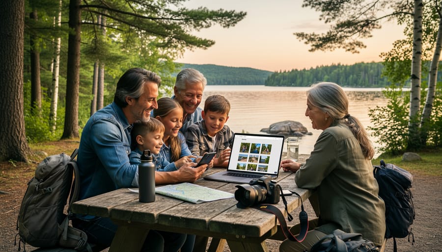 Parent and child reviewing their digital park story on tablet while sitting in forest