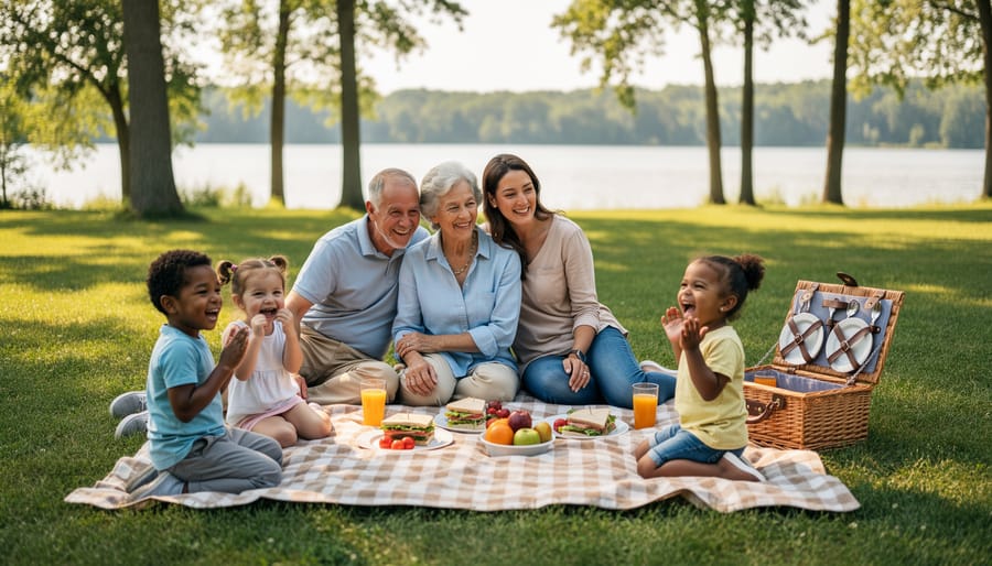 Multigenerational family enjoying picnic together on blanket by lake