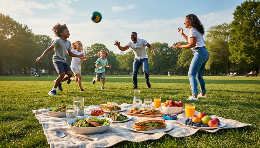 Father and children playing frisbee in grassy meadow during family picnic