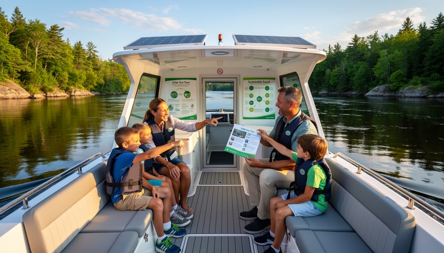 Family enjoying solar boat tour on Ontario lake with binoculars and eco-friendly supplies