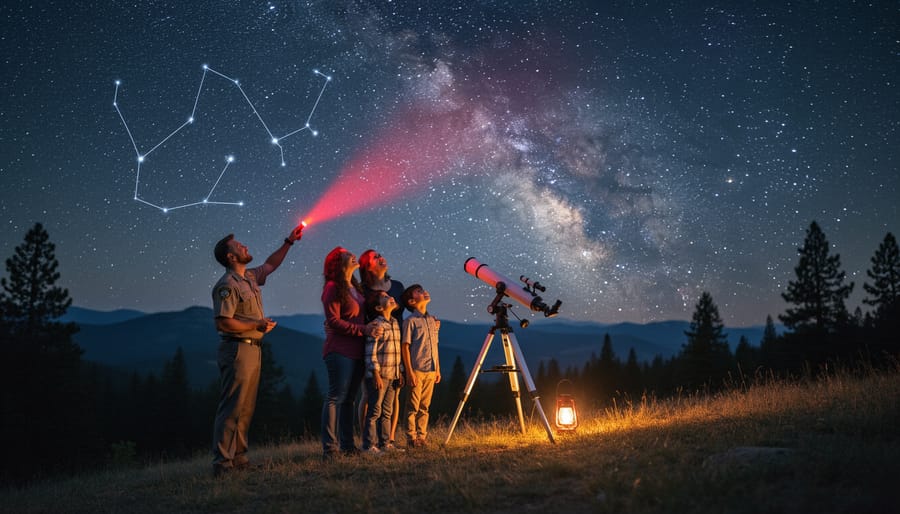 Parent and child lying on blanket looking up at stars during park program