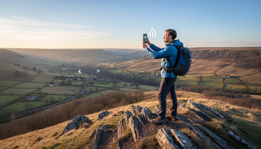 Hiker on elevated rocky terrain holding phone up to search for cell signal with wilderness vista behind