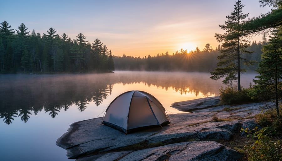 Sunrise over lake and forest in Frontenac Provincial Park Ontario