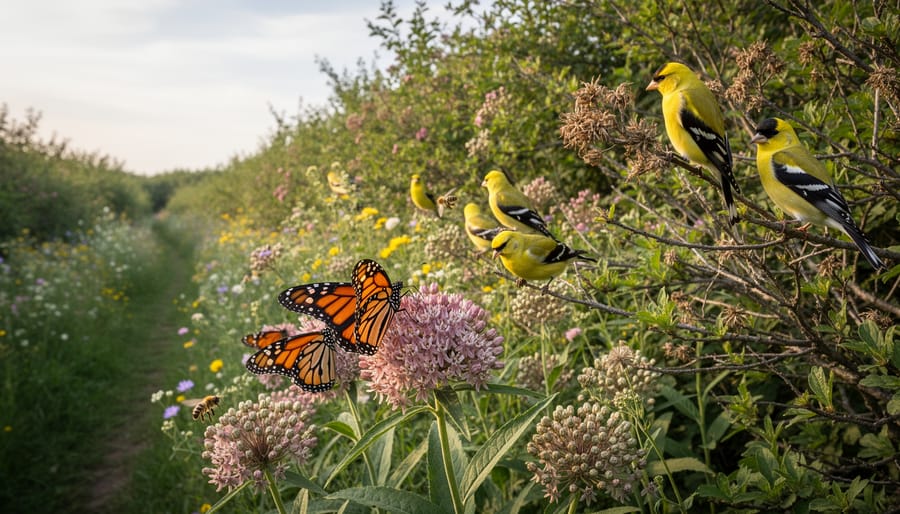 Monarch butterfly on milkweed flowers with goldfinch in native hedgerow plants