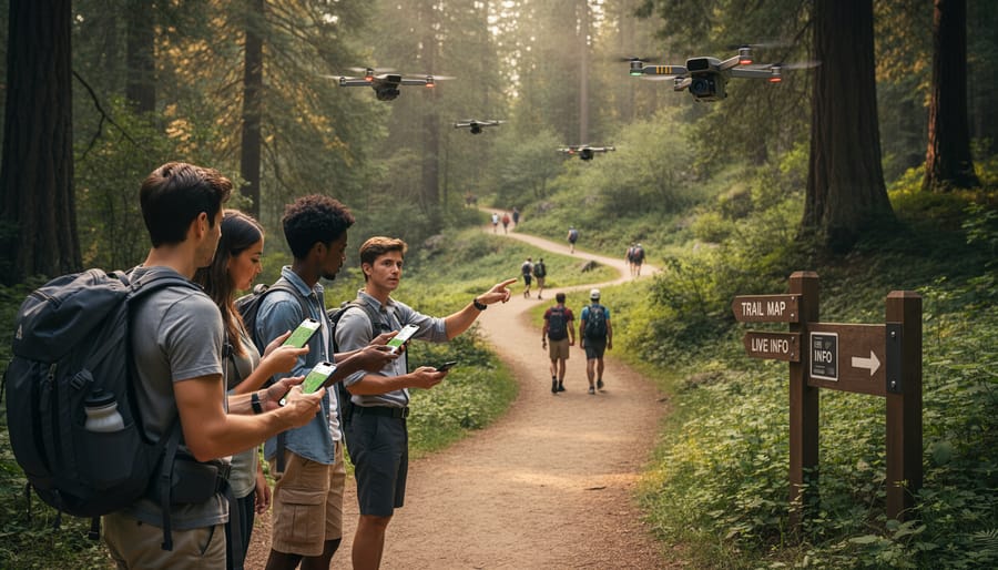 Hiker using smartphone navigation app on Ontario park trail with waterfall in background