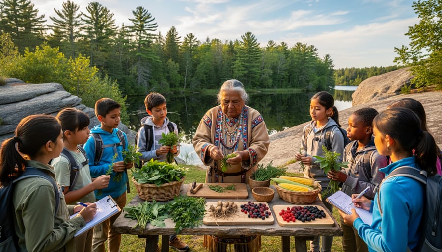 Indigenous guide teaching visitors about traditional plants on forest trail