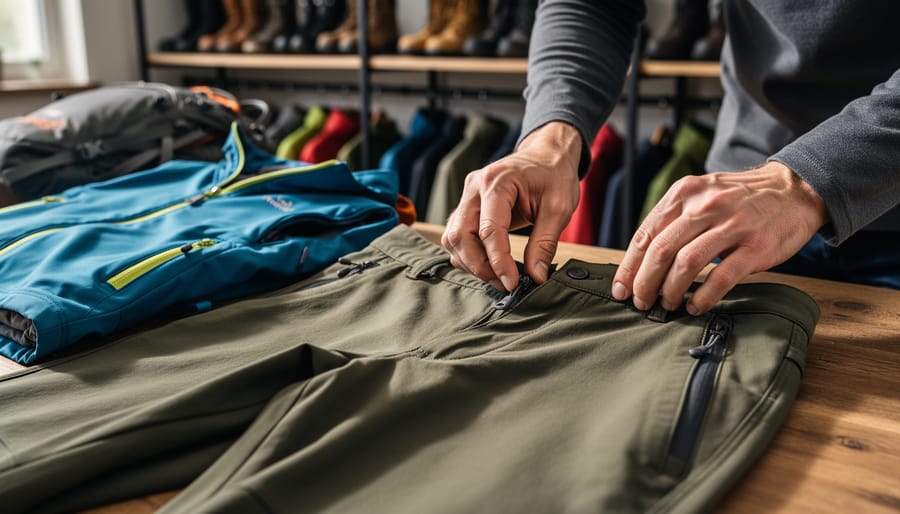 Person's hands closely examining tent fabric and zippers for quality assessment