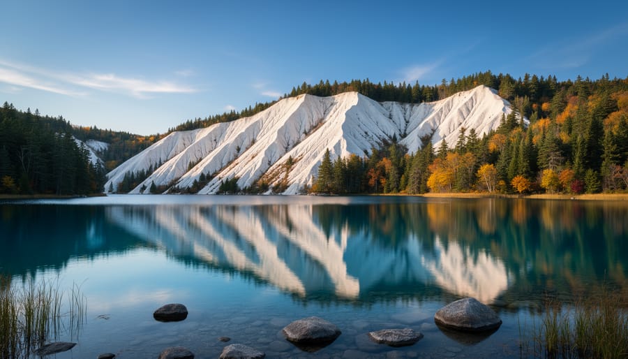 White quartzite ridges and pink granite shores along blue water at Killarney Provincial Park