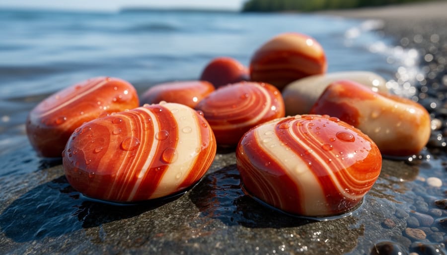 Close-up of Lake Superior agates showing colorful banding patterns on wet beach stones