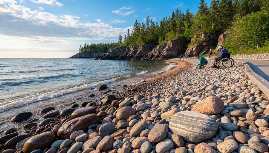 Scenic Lake Superior beach covered with smooth stones and clear water with forested shoreline