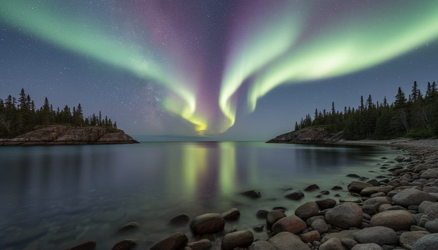 Twilight sky reflecting in calm lake water at Lake Superior Provincial Park