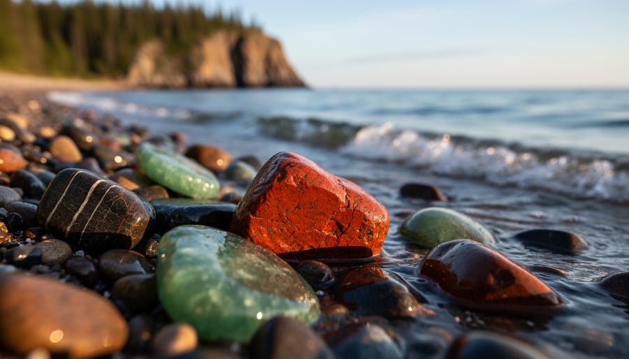 Close-up of wet Lake Superior shoreline stones—red jasper, banded agates, greenstone, and dark basalt—gleaming at the waterline as a small wave recedes, with a blurred rocky headland and pine shoreline in soft golden light.