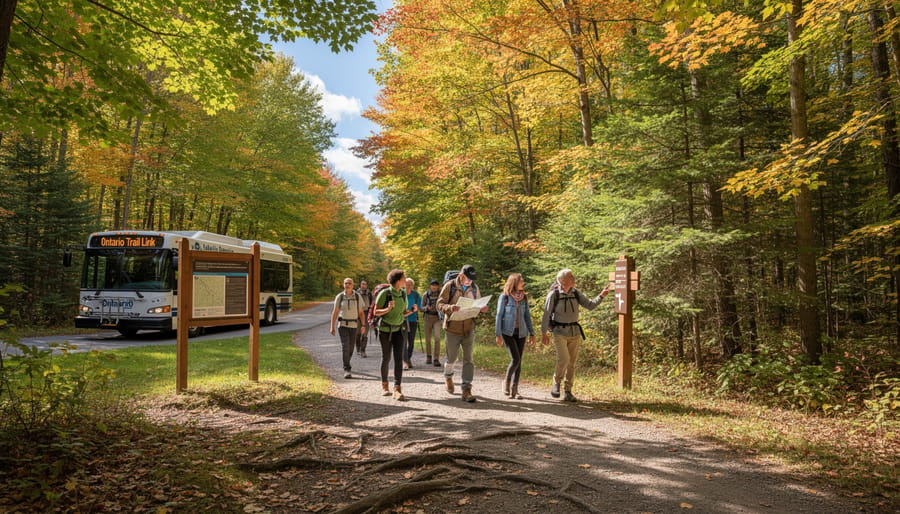 Group of hikers walking on scenic autumn forest trail in Ontario