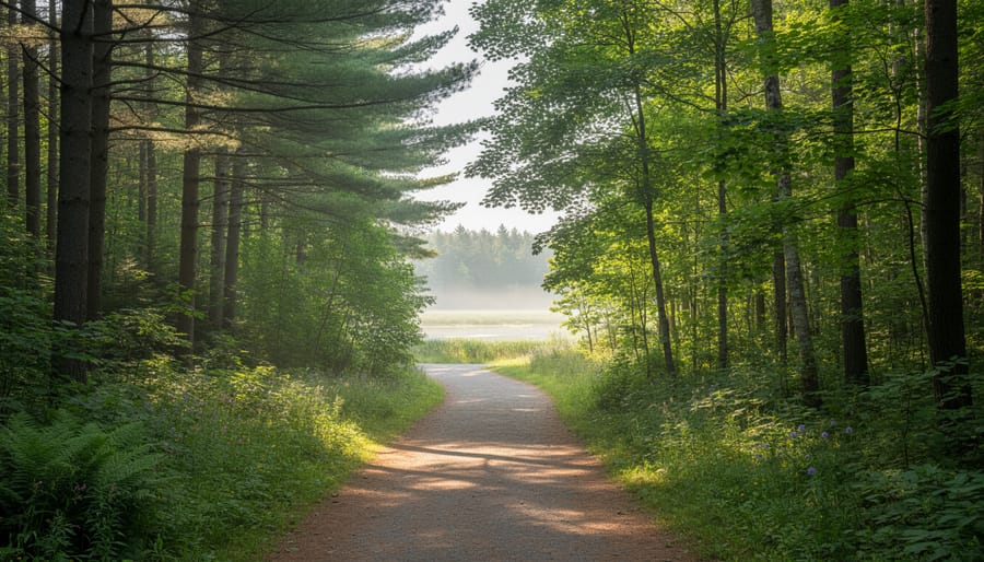 Empty forest hiking trail winding through Ontario wilderness with dappled sunlight