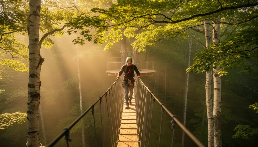 Person wearing helmet and harness walking across a suspended canopy bridge high above Ontario’s mixed hardwood and pine treetops, with golden sunlight filtering through green leaves and the forest floor faintly visible far below.