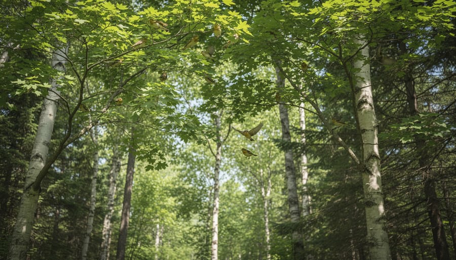 Colorful warbler bird perched on moss-covered branch in forest canopy