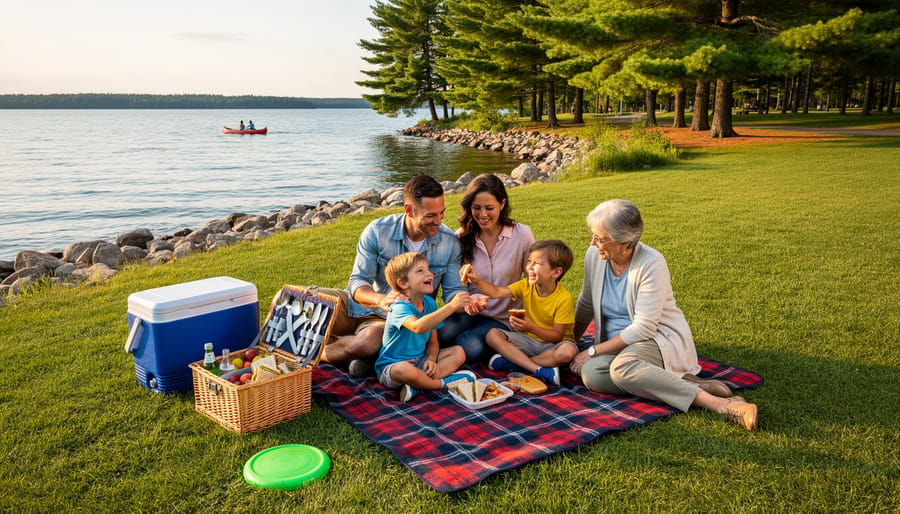 Multigenerational family sharing a picnic on a blanket near a lake in an Ontario park at golden hour, with pine trees and rocky shoreline in the background, cooler and basket beside them, and a frisbee on the grass.