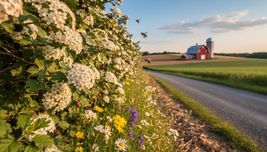 Flowering hedgerow along an Ontario farm field with hawthorn blossoms, blackberry brambles, and wildflowers attracting native bees, set against softly blurred patchwork fields, a gravel country road, and a distant red barn in warm golden-hour light.