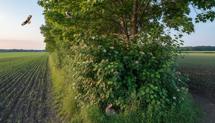 Dense hedgerow of native trees and shrubs bordering agricultural field in Ontario