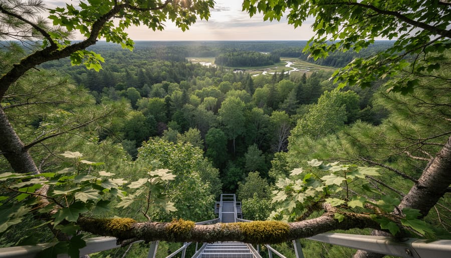 Aerial view through forest canopy layers with sunlight streaming through autumn leaves