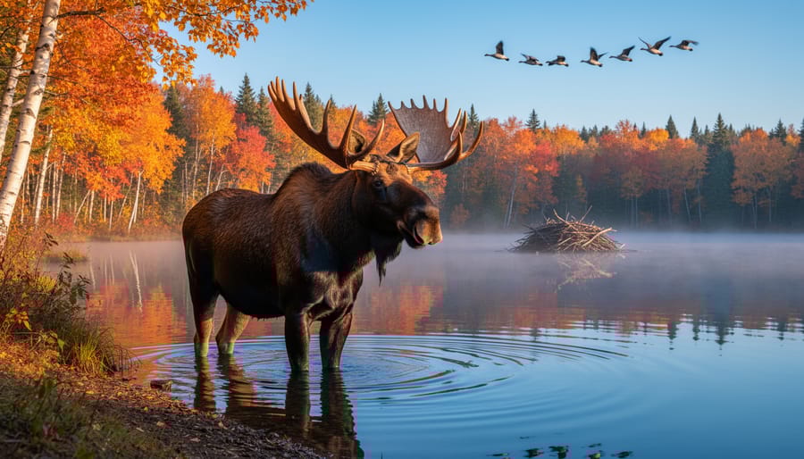 Bull moose with full antlers standing in a shallow autumn lake at sunrise, birch and maple forest behind, light mist on the water, a V of Canada geese flying overhead, and a small beaver lodge along the shoreline.