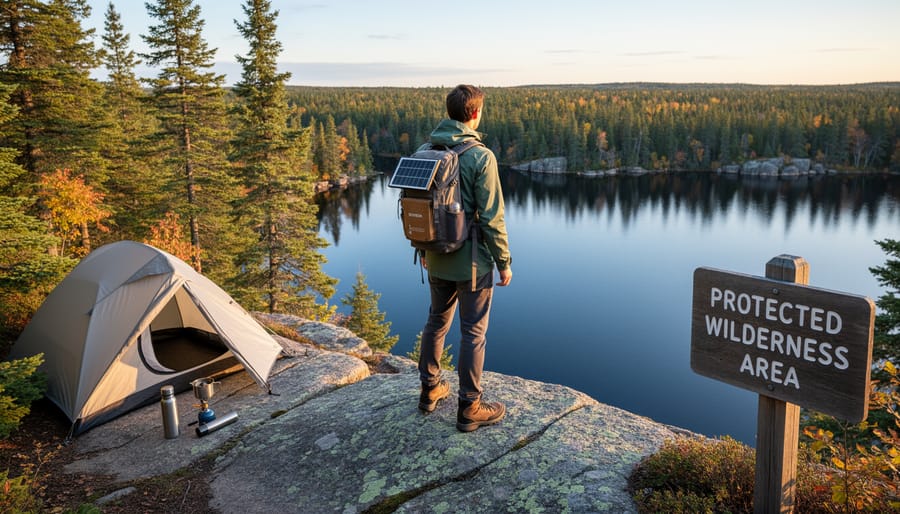 Hiker with backpack walking through colorful Ontario autumn forest trail