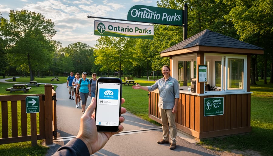 Vehicle approaching Ontario park entrance gate surrounded by forest during golden hour