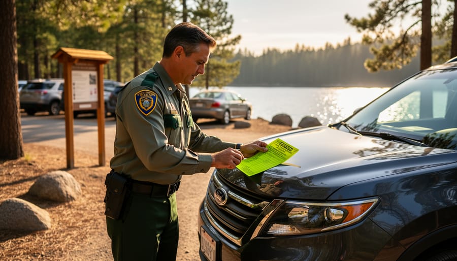 Park ranger in green uniform sliding a yellow notice under the windshield wiper of a parked SUV at a pine forest trailhead near a lakeshore, with blurred trailhead post and other cars in the background at golden hour.