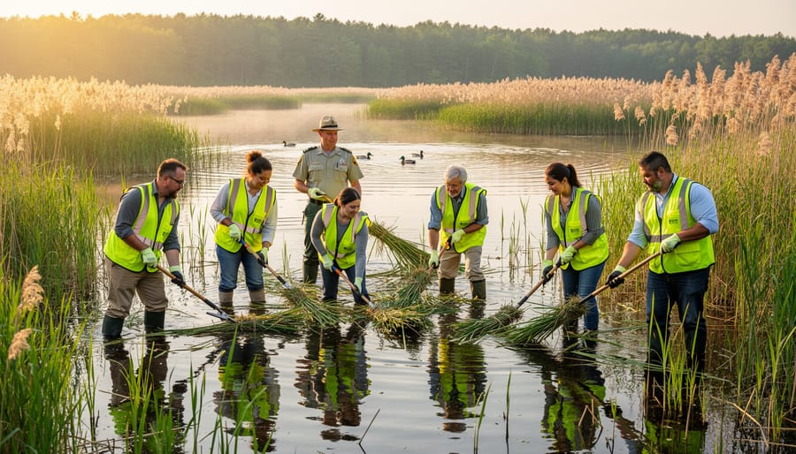 Volunteers and a park ranger knee-deep in a marsh removing invasive phragmites with gloves and loppers at golden hour, cattails and ducks behind them, with a forested shoreline in the distance.